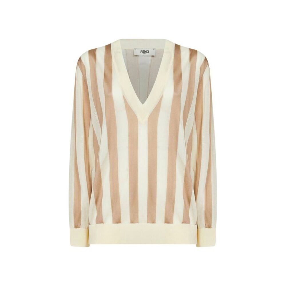 Fendi Women Beige Pequin Silk And Cotton Sweater